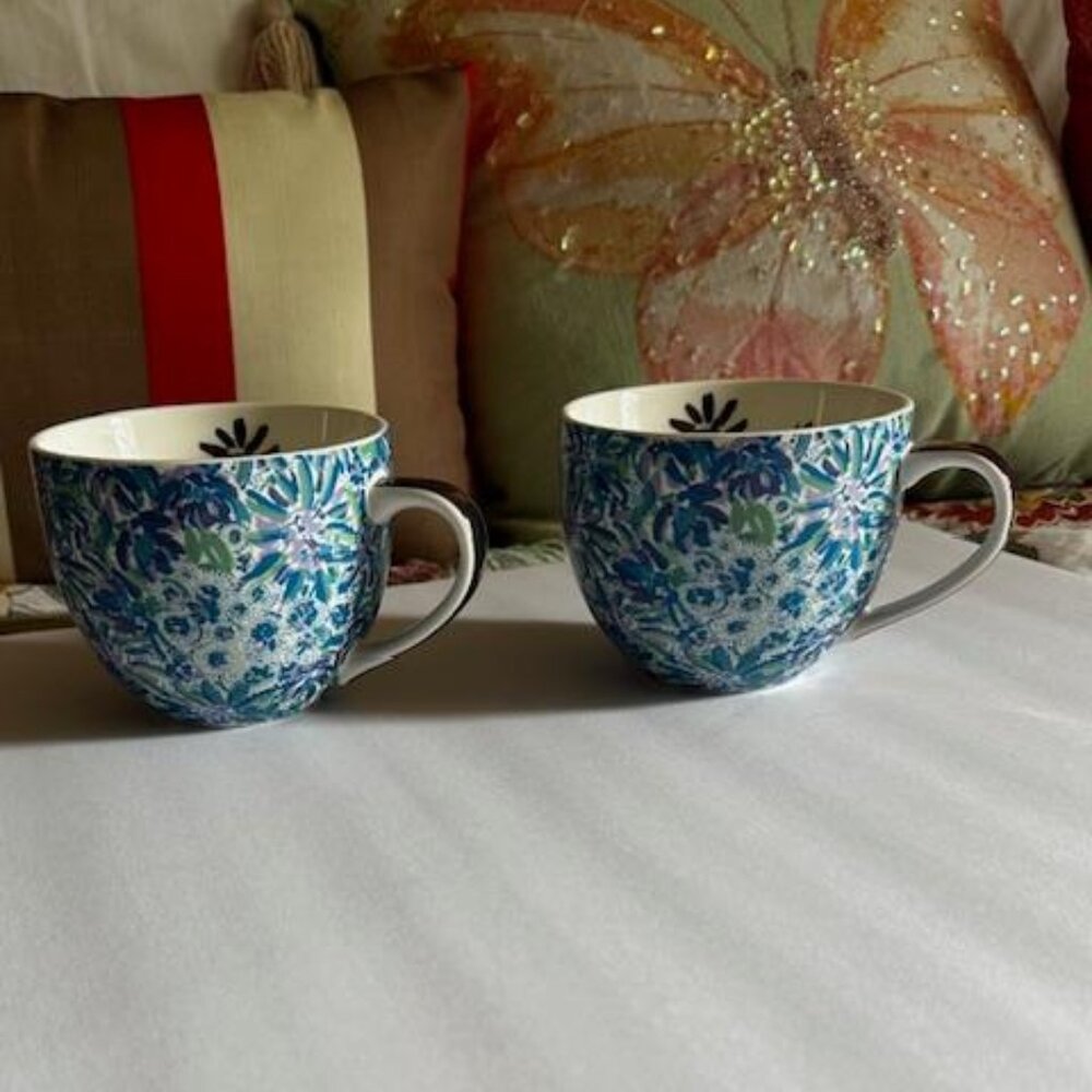 2 Lilly Pulitzer Ceramic Mugs12 oz | Blue-Green Floral Print Gold Handle